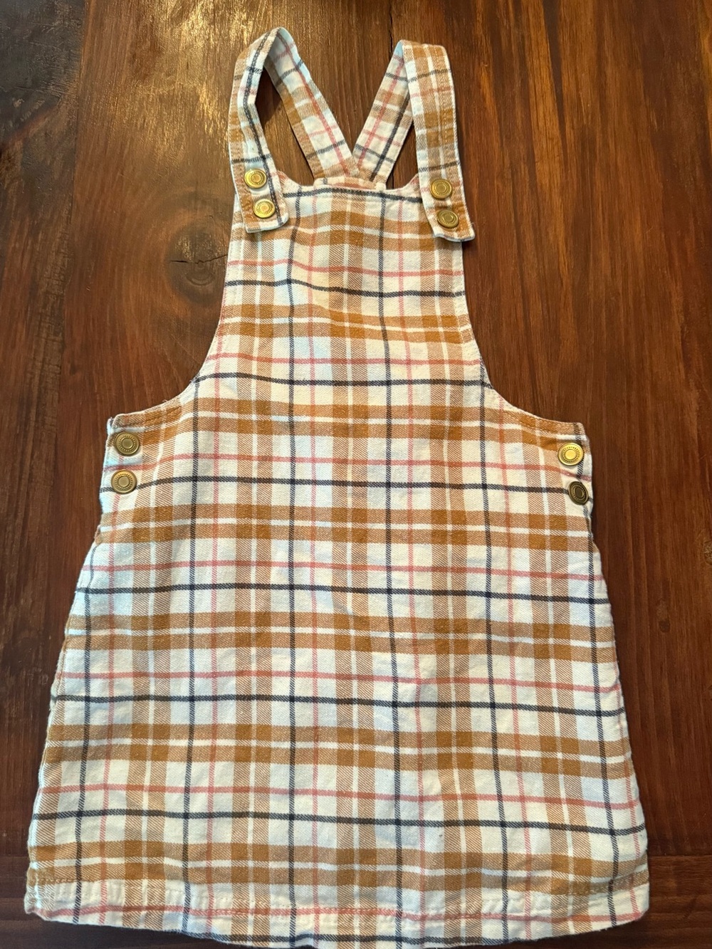 Tahari Tan, White and Navy Plaid Kids Overalls Pinafore